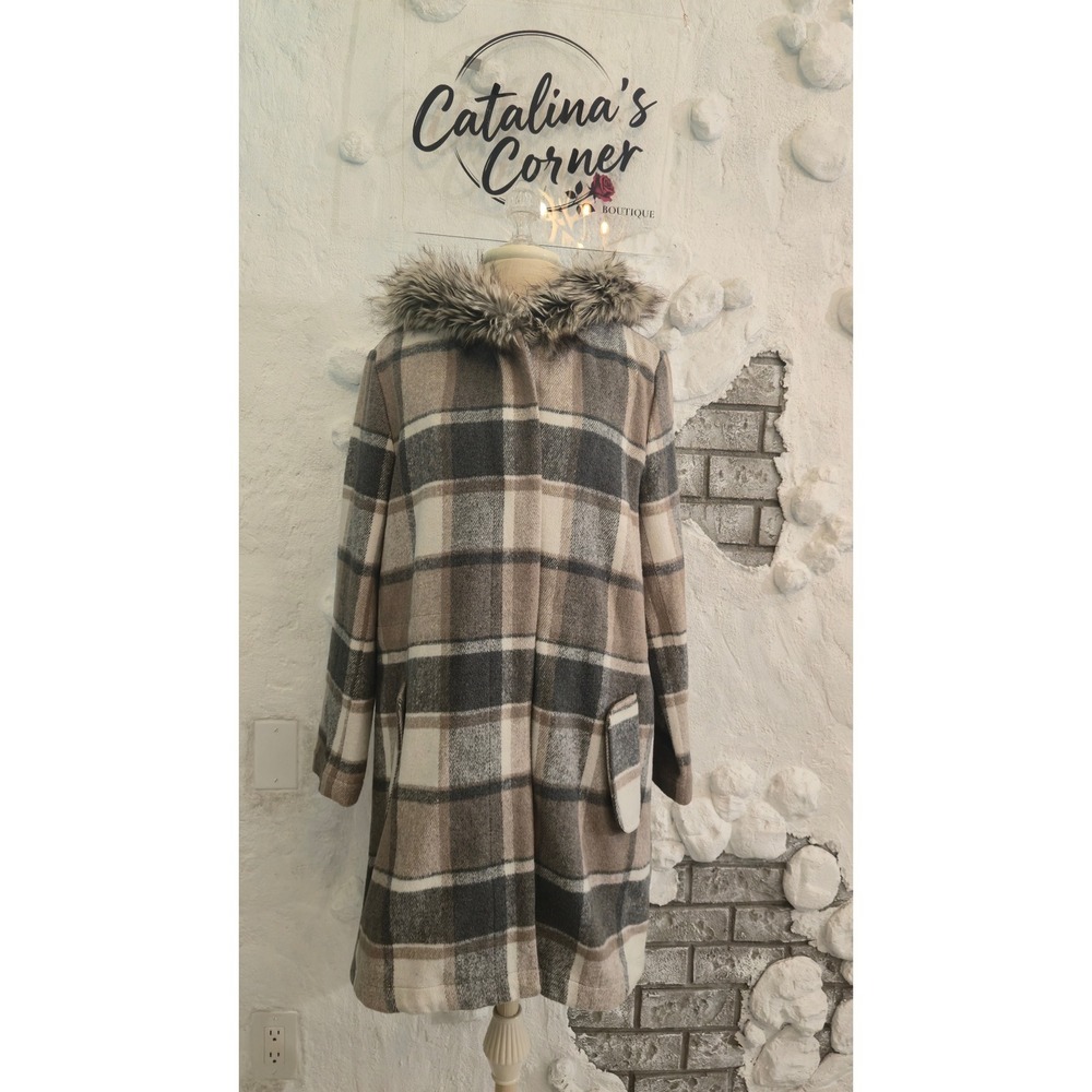 BB Dakota Plaid Hooded Coat Faux Fur Trim Neutral Tan Grey BI300176 Womens M